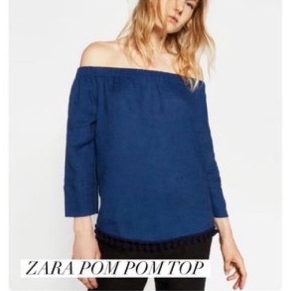 ZARA Off Shoulder Pom Pom Trim Chambray Top